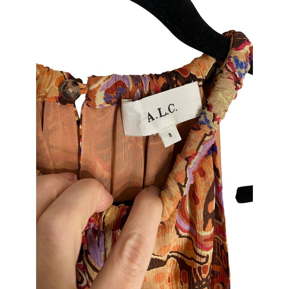 A.L.C. Cory 100% Silk Terracotta Paisley Print Blouson Mini Dress 8 - Picture 4 of 9